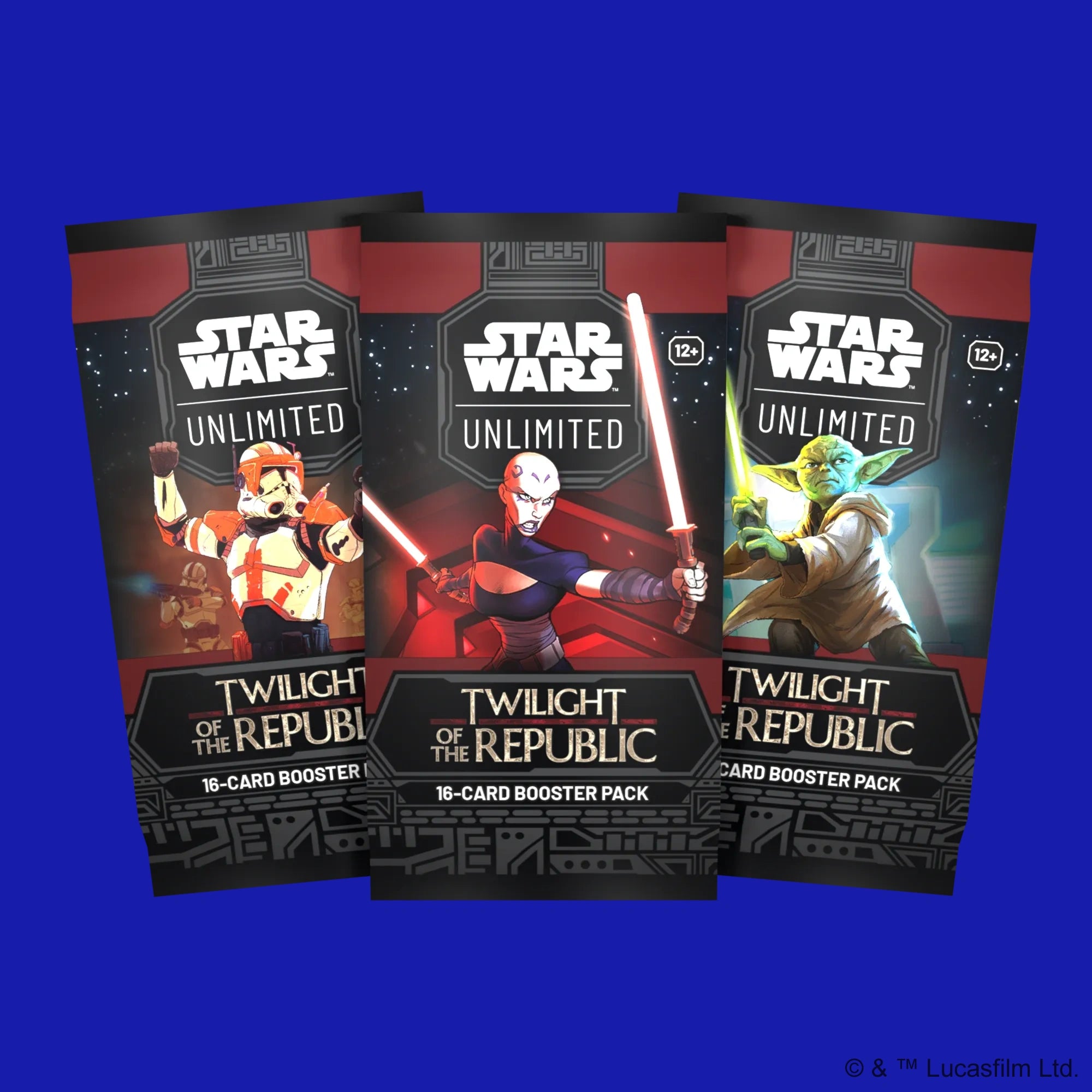 Star Wars Unlimited Twilight of the Republic booster packs featuring Clone Trooper, Asajj Ventress, and Yoda artwork