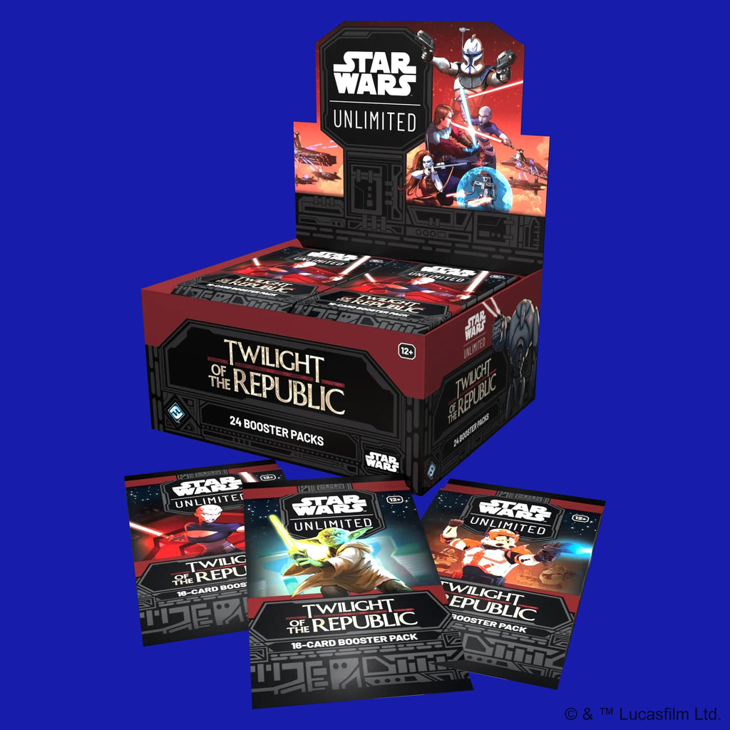 Star Wars Unlimited Twilight of the Republic booster box with multiple 16-card booster packs displayed outside the box