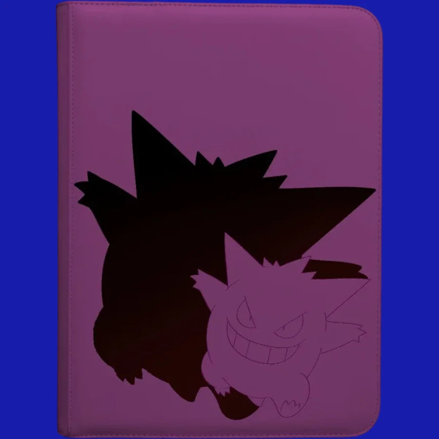 Elite Gengar 9-Pocket Zippered PRO Binder featuring purple cover with embossed Gengar silhouette, Pokémon Trading Card Game accessory by Ultra PRO