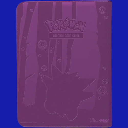 Image 2 (back cover):
Back of Elite Gengar 9-Pocket Zippered PRO Binder showing embossed Pokémon Trading Card Game logo and Gengar silhouette, Ultra PRO zippered binder