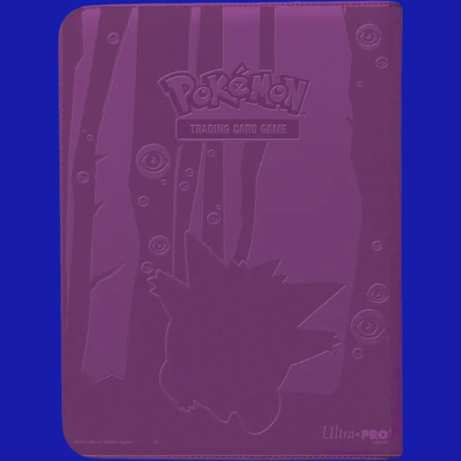Back of Elite Gengar 9-Pocket Zippered PRO Binder showing embossed Pokémon Trading Card Game logo and Gengar silhouette, Ultra PRO zippered binder