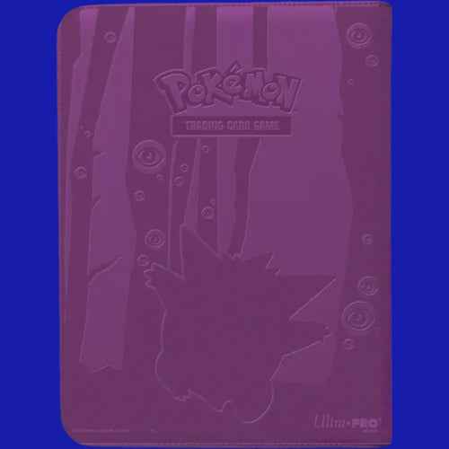 Back of Elite Gengar 9-Pocket Zippered PRO Binder showing embossed Pokémon Trading Card Game logo and Gengar silhouette, Ultra PRO zippered binder