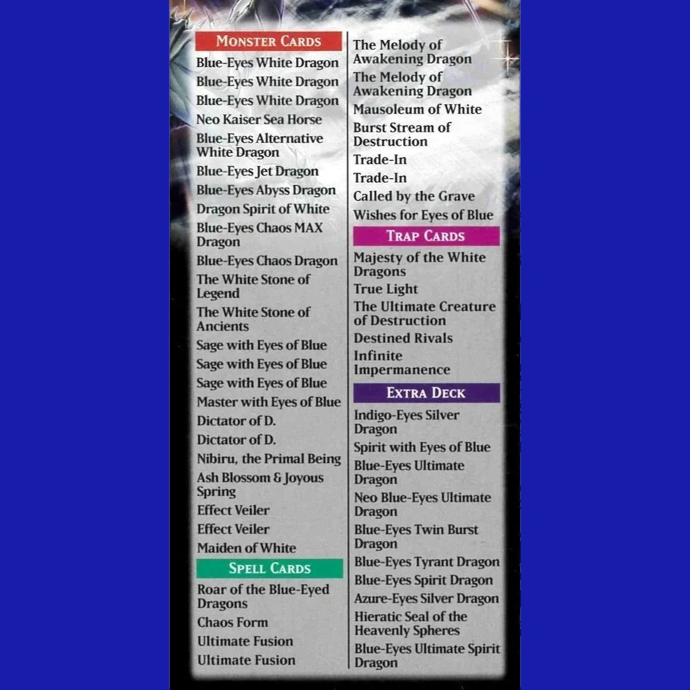 Yu-Gi-Oh! TCG Blue-Eyes White Destiny Structure Deck back of box showing the full deck card list, including monster, spell, trap, and extra deck cards.