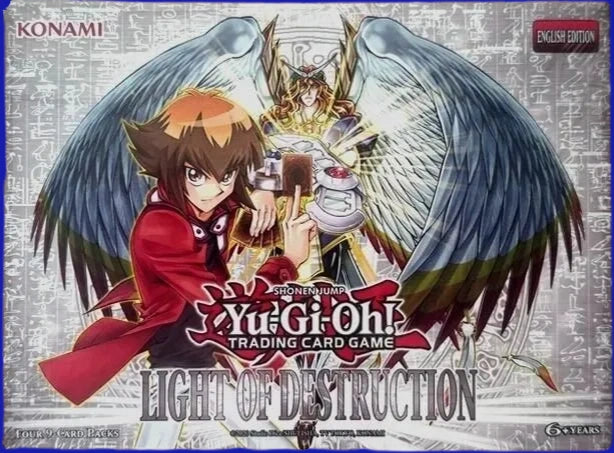 Yu-Gi-Oh! TCG Light of Destruction 4-Pack Mini Box featuring Jaden Yuki in the foreground with Honest, a winged LIGHT monster associated with the Lightsworn archetype, in the background.
