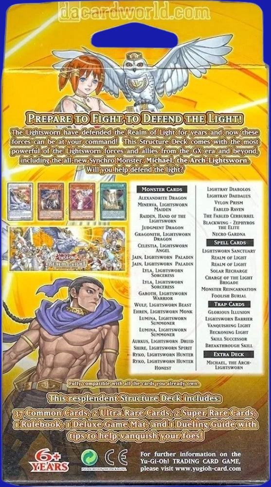 Yu-Gi-Oh! TCG Realm of Light Structure Deck back panel showing Lightsworn-themed character artwork and a contents overview of included cards and accessories.