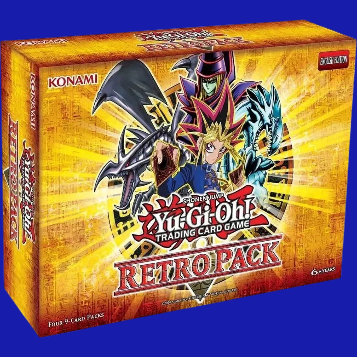 Yu-Gi-Oh! Trading Card Game Retro Pack 4-Pack Mini Box featuring Yami Yugi holding a Duel Monsters card, with Dark Magician and Blue-Eyes White Dragon artwork on a gold background.