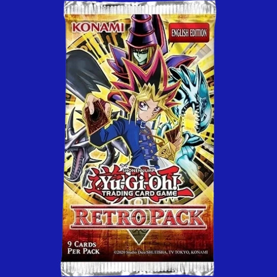 Yu-Gi-Oh! Trading Card Game Retro Pack booster pack artwork showing Yami Yugi, Dark Magician, and Blue-Eyes White Dragon on the sealed foil wrapper.