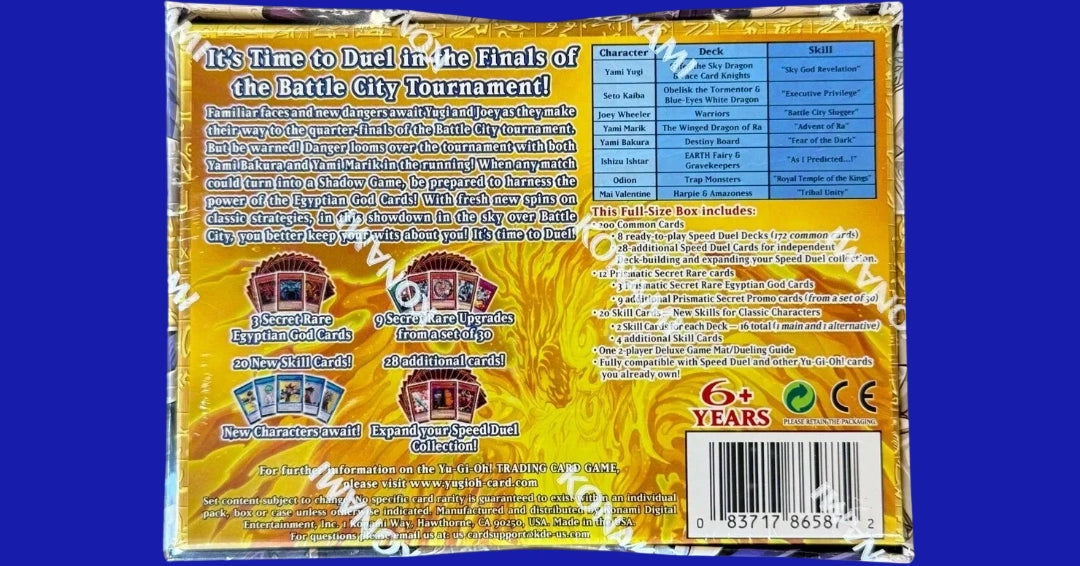 Yu-Gi-Oh! TCG Speed Duel: Battle City Finals box back showing included decks, card contents, and Egyptian God Card-themed artwork.