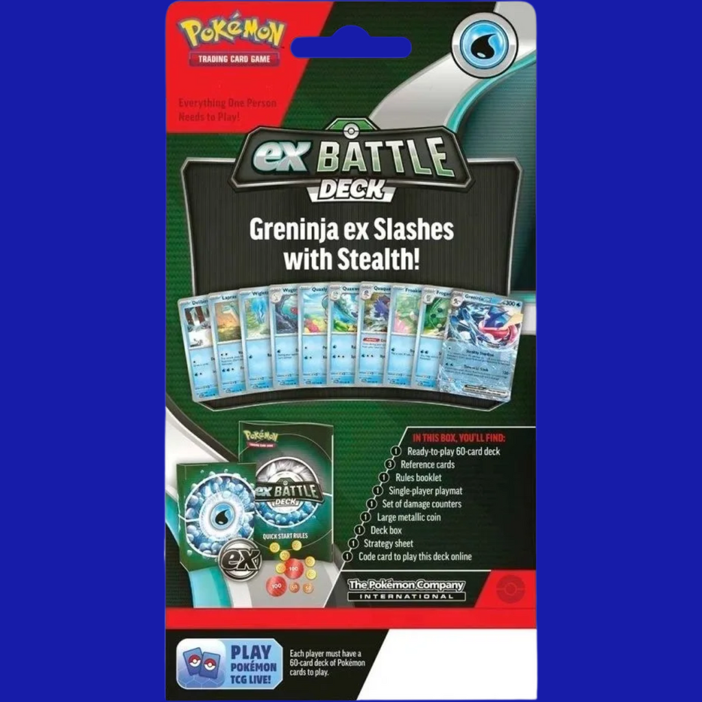 Back of the Greninja ex Battle Deck packaging, highlighting included cards, contents, and key features for new players.