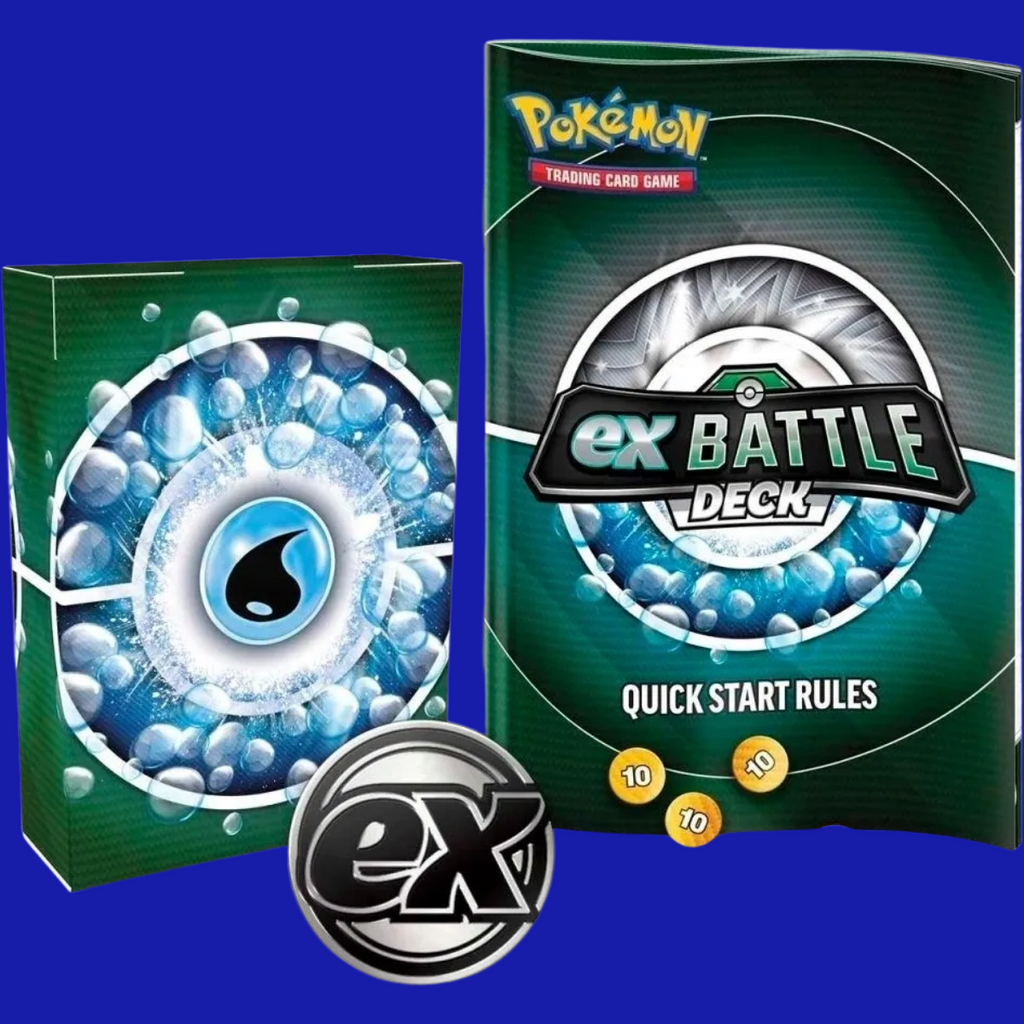 Deck box, Quick Start guide, damage counters, and metallic coin included in the Greninja ex Battle Deck package.

