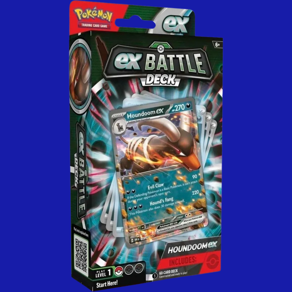 Front view of the Pokémon TCG: ex Battle Deck – Houndoom ex packaging featuring the Houndoom ex foil card.