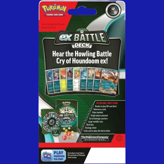 Back of the ex Battle Deck – Houndoom ex packaging listing deck contents and promotional callout for new players.