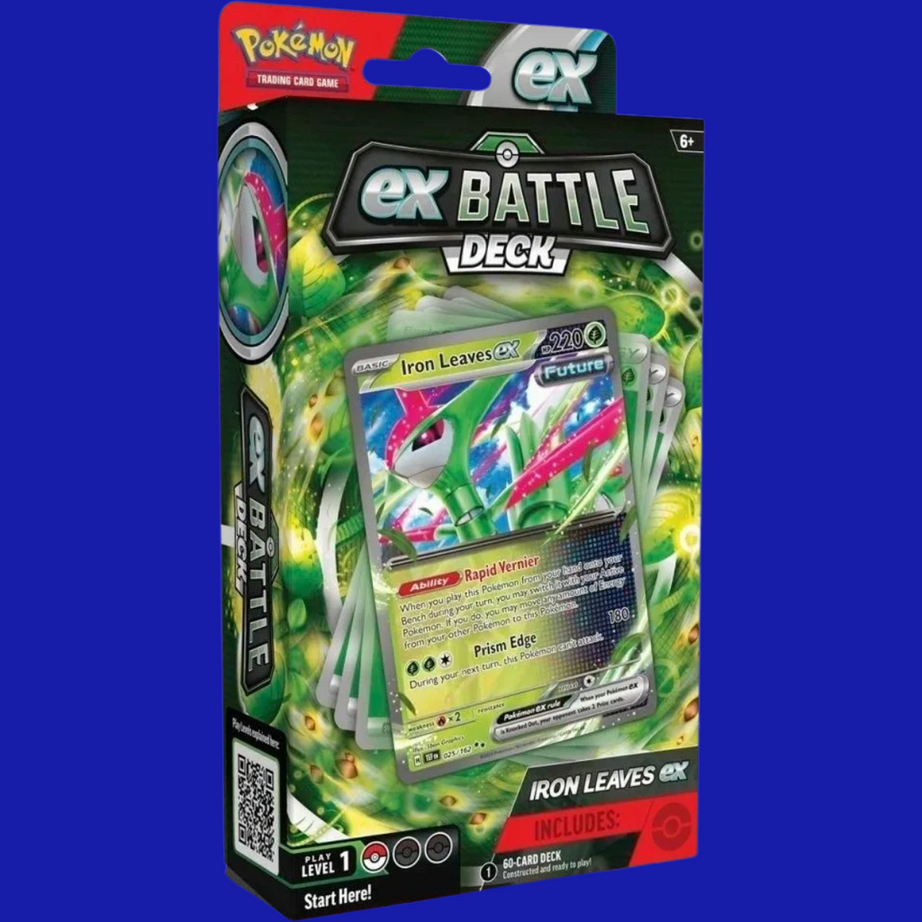 Front of the Pokémon TCG ex Battle Deck – Iron Leaves ex package featuring the futuristic Grass-type Legendary Pokémon and a foil Iron Leaves ex card.