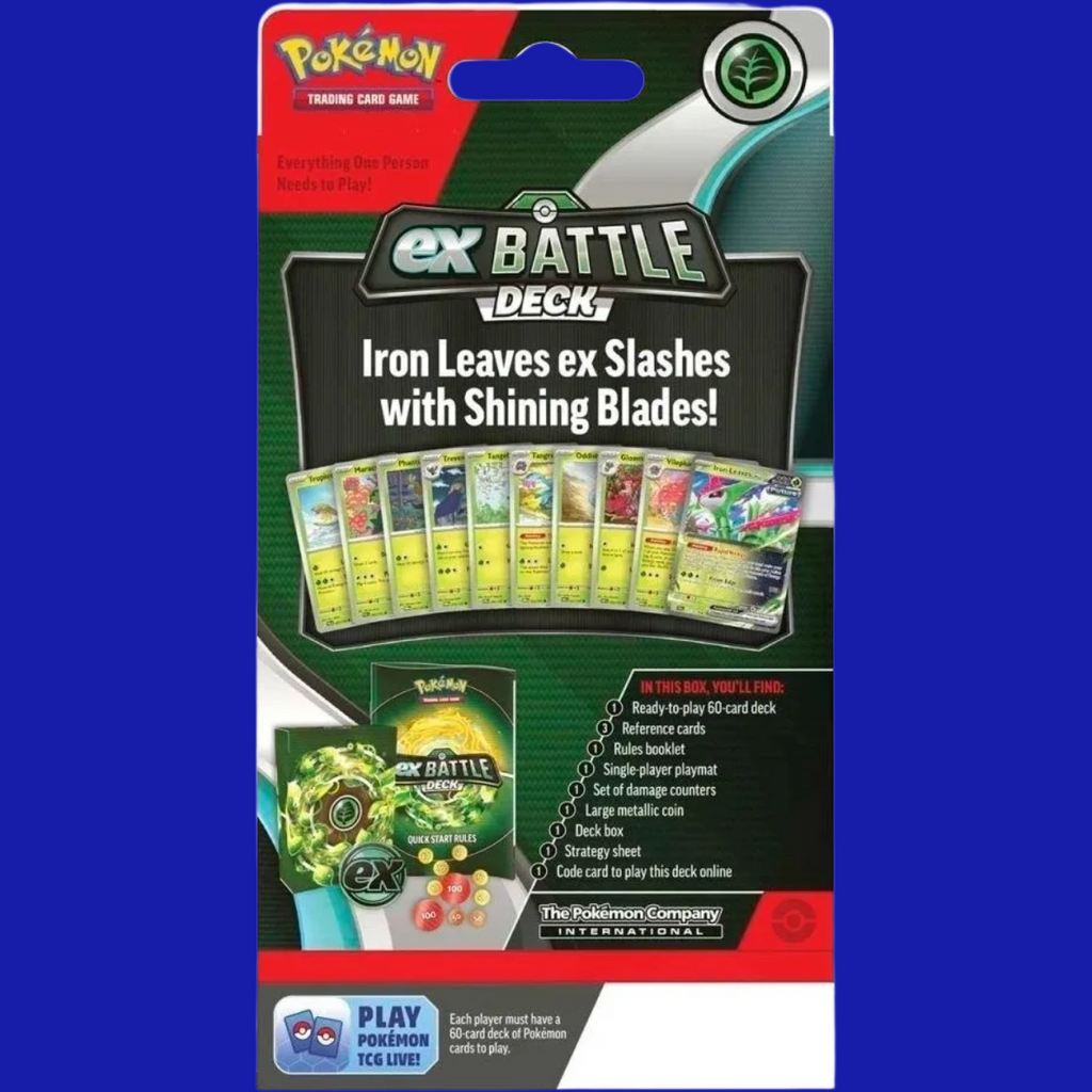 Back of the Iron Leaves ex Battle Deck box showing card lineup, coin, and included accessories. Highlights the tagline “Slashes with Shining Blades!”
