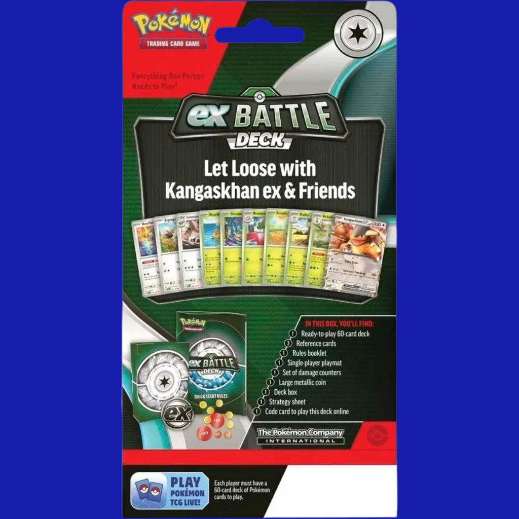 Included accessories from the Kangaskhan ex Battle Deck: themed deck box, damage counters, metallic coin, and quick start rules—everything you need to start playing.