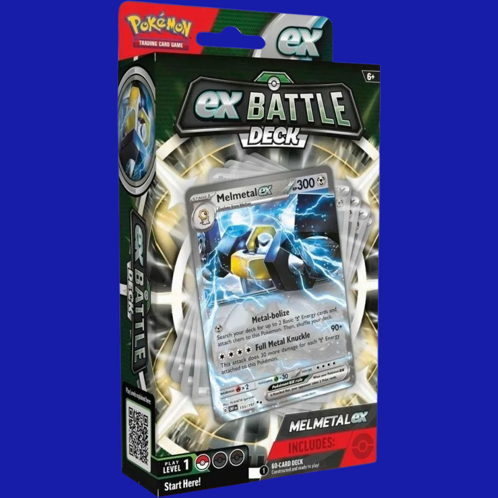 Front of box featuring Melmetal ex foil card with dramatic electric background – Pokémon TCG: ex Battle Deck – Melmetal ex