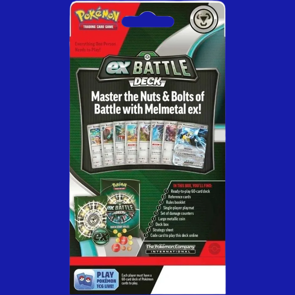 Back of box showcasing deck contents and included Melmetal ex card – Pokémon TCG: ex Battle Deck – Melmetal ex