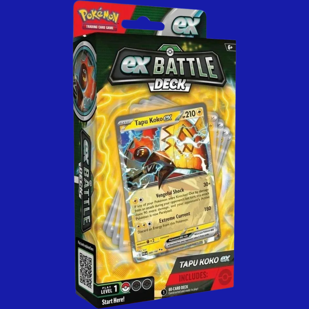 Front of the Pokémon TCG: ex Battle Deck – Tapu Koko ex, featuring a lightning-themed design and foil Tapu Koko ex card display