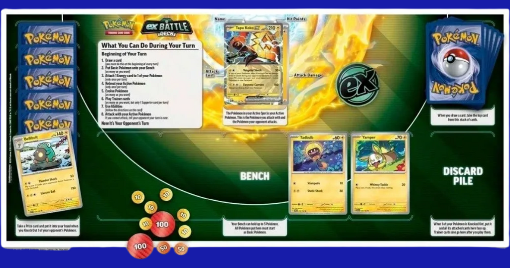 Contents of the Tapu Koko ex Battle Deck spread on a playmat, showing cards like Bellibolt, Tadbulb, and Yamper in a battle-ready layout