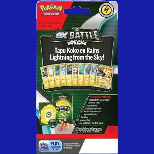 Back of the Tapu Koko ex Battle Deck packaging, highlighting included cards and contents like the deck, coin, damage counters, and rulebook