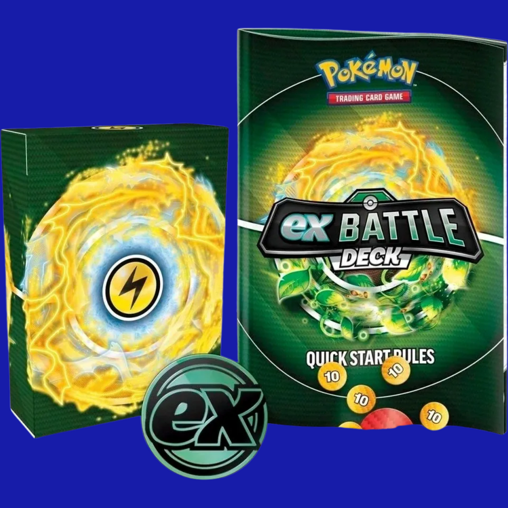 Tapu Koko ex deck box, rulebook, and metallic ex coin with yellow lightning energy theme from the Pokémon TCG: ex Battle Deck series