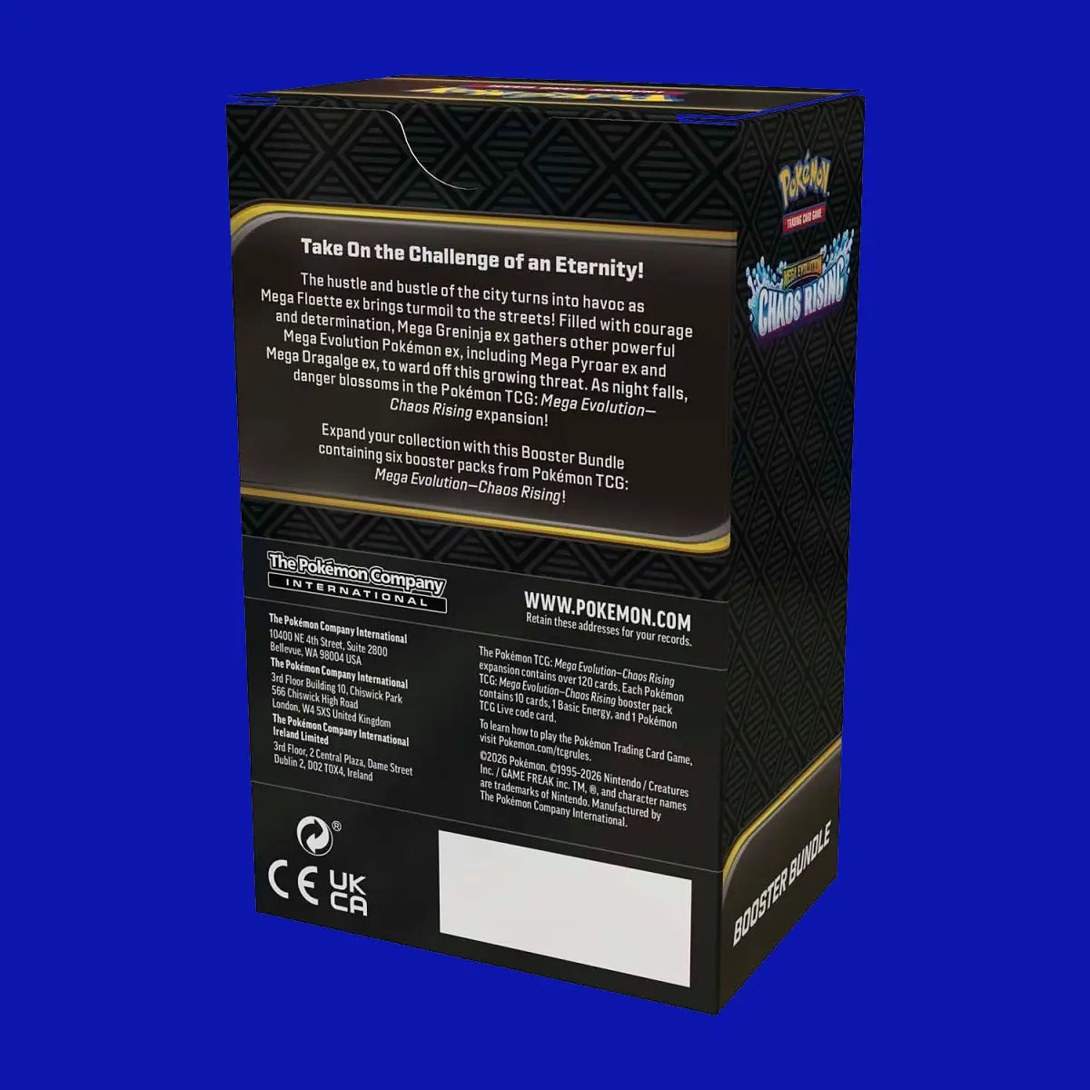 Back view of the Pokémon TCG Mega Evolution Chaos Rising Booster Bundle showing product information and contents