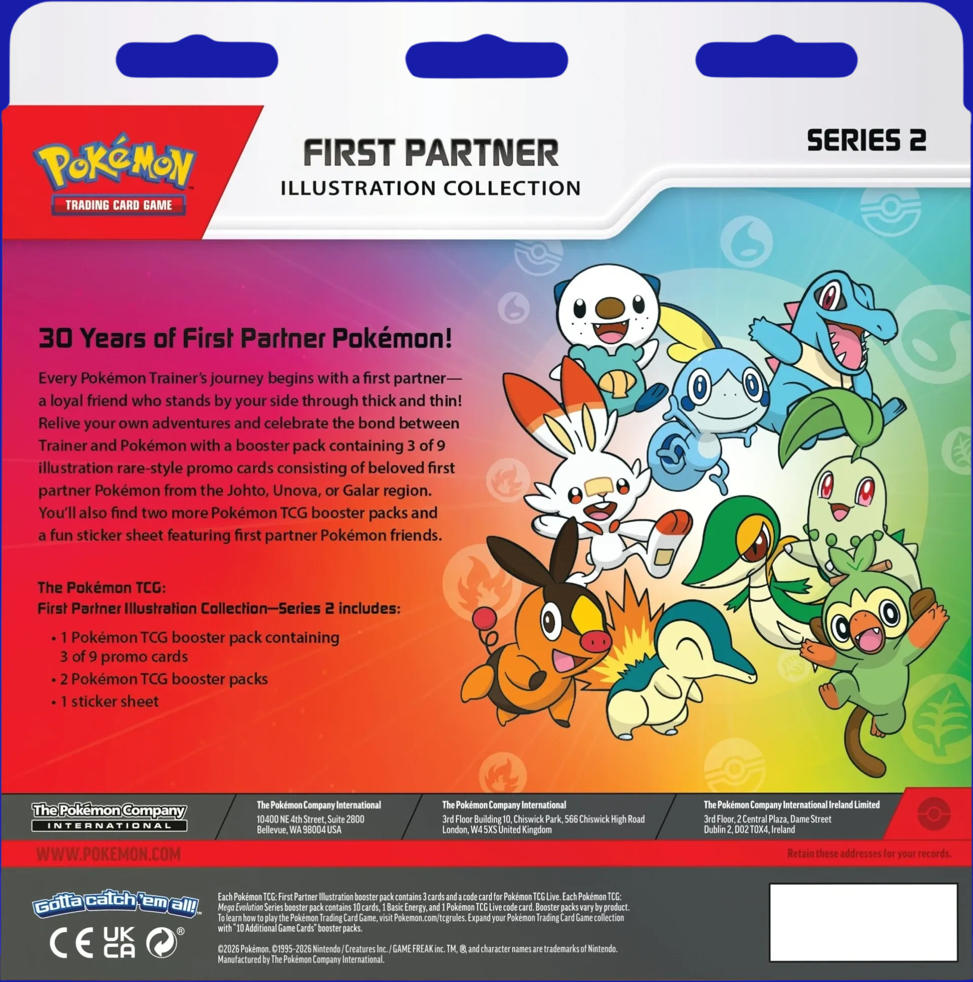 Back of the Pokémon TCG First Partner Illustration Collection Series 2 showing included promo pack, booster packs, and sticker sheet