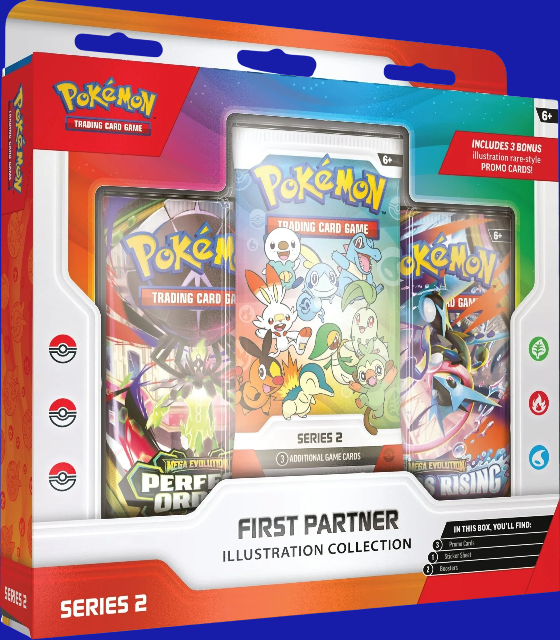 Pokémon TCG First Partner Illustration Collection Series 2 displaying the illustration promo pack and included booster packs