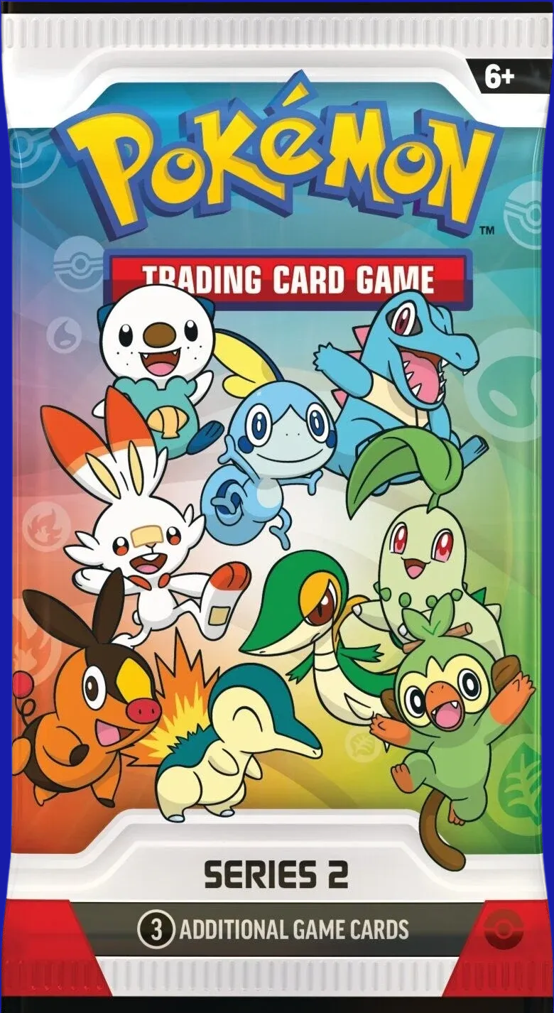 Pokémon TCG First Partner Illustration Collection Series 2 bonus pack, featuring starter Pokémon from the Johto, Unova, and Galar regions