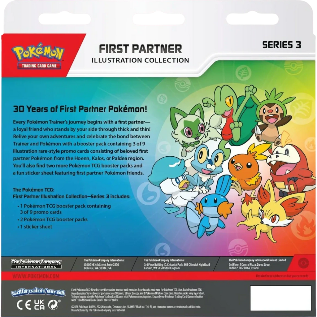 Back of the Pokémon TCG First Partner Illustration Collection Series 3 showing product contents and first partner Pokémon from Hoenn, Kalos, and Paldea