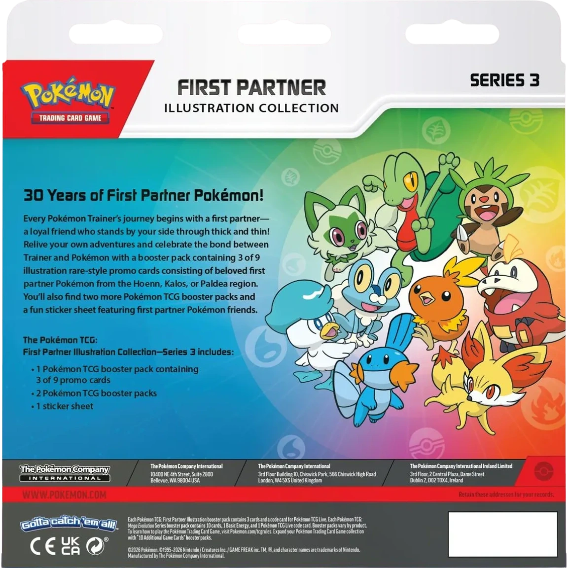 Back of the Pokémon TCG First Partner Illustration Collection Series 3 showing product contents and first partner Pokémon from Hoenn, Kalos, and Paldea