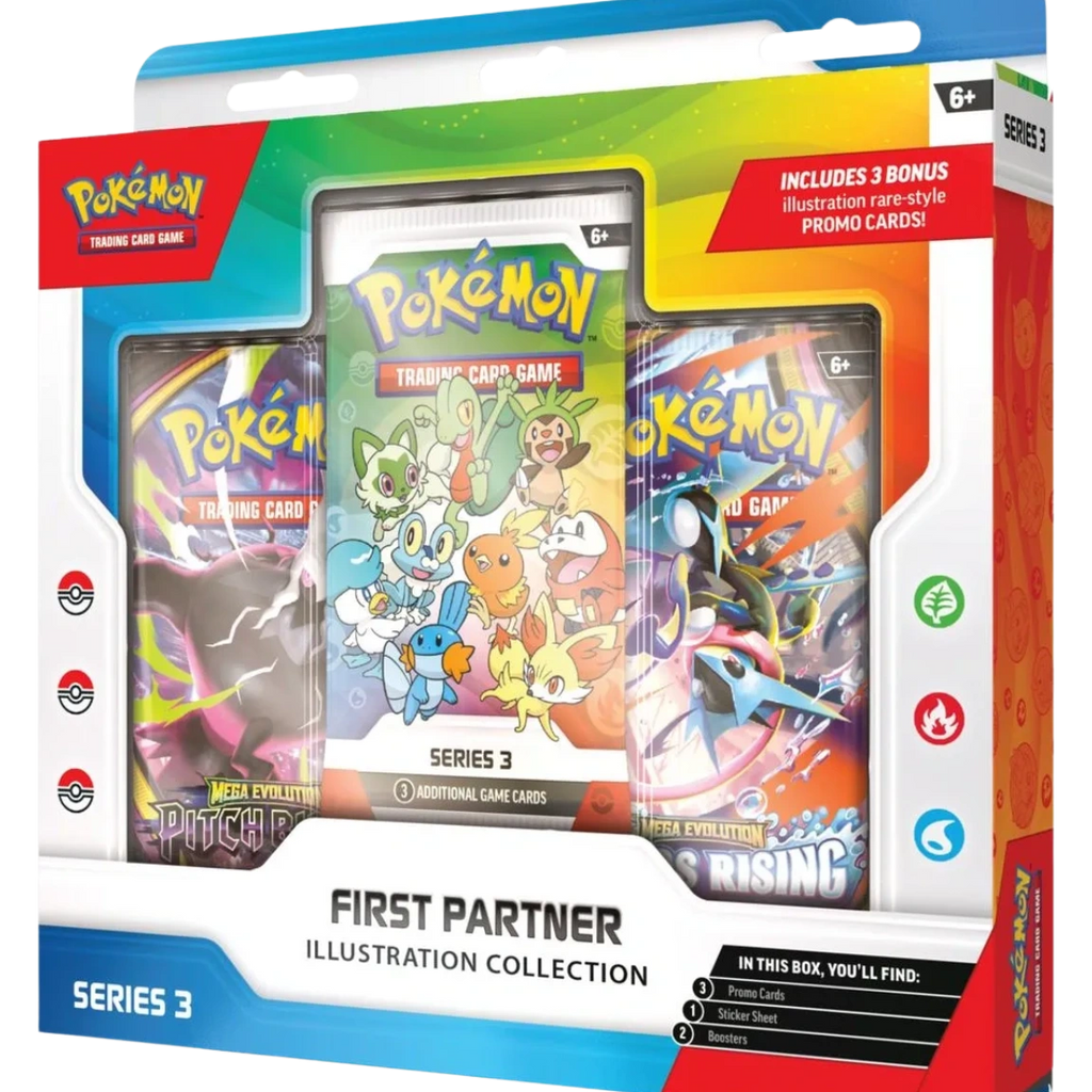 Pokémon TCG First Partner Illustration Collection Series 3 box featuring Hoenn, Kalos, and Paldea first partner Pokémon