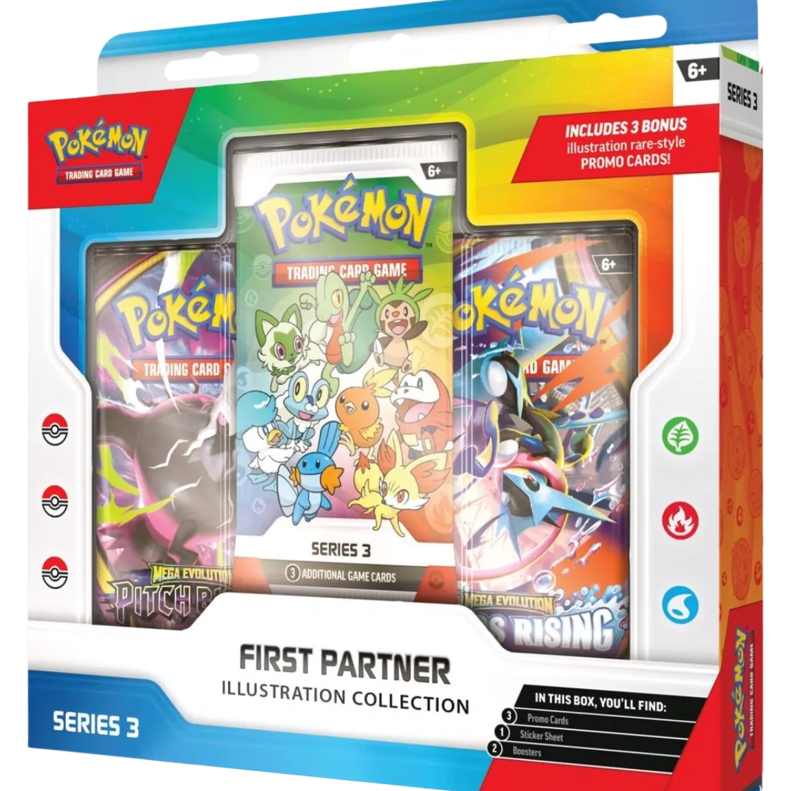 Pokémon TCG First Partner Illustration Collection Series 3 box featuring Hoenn, Kalos, and Paldea first partner Pokémon