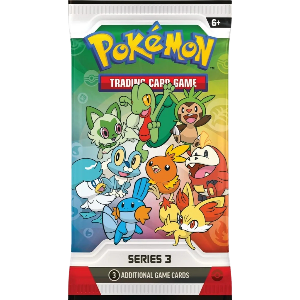 Pokémon TCG First Partner Illustration Collection Series 3 promo pack containing 3 of 9 illustration rare-style promo cards