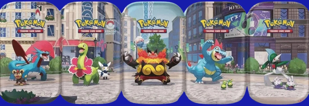 All five Pokémon TCG Lumiose City Mini Tin designs displayed together to form a connected panoramic illustration