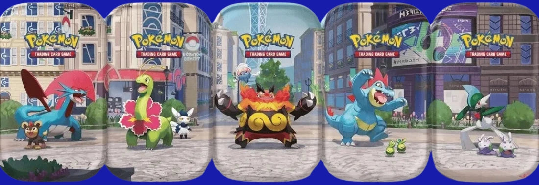 All five Pokémon TCG Lumiose City Mini Tin designs displayed together to form a connected panoramic illustration