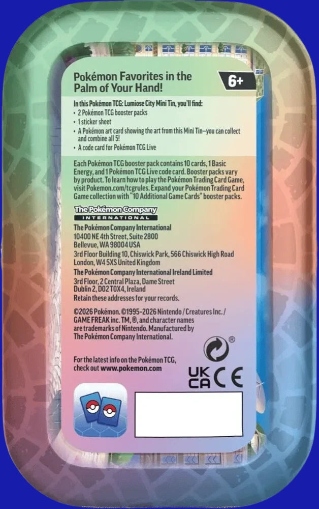 Back of the Pokémon TCG Lumiose City Mini Tin showing product contents
