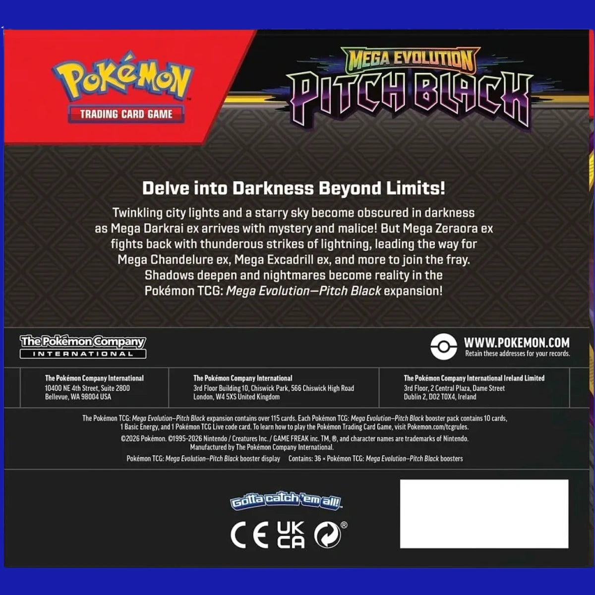Back of the Pokémon TCG Mega Evolution—Pitch Black Booster Box showing product information.