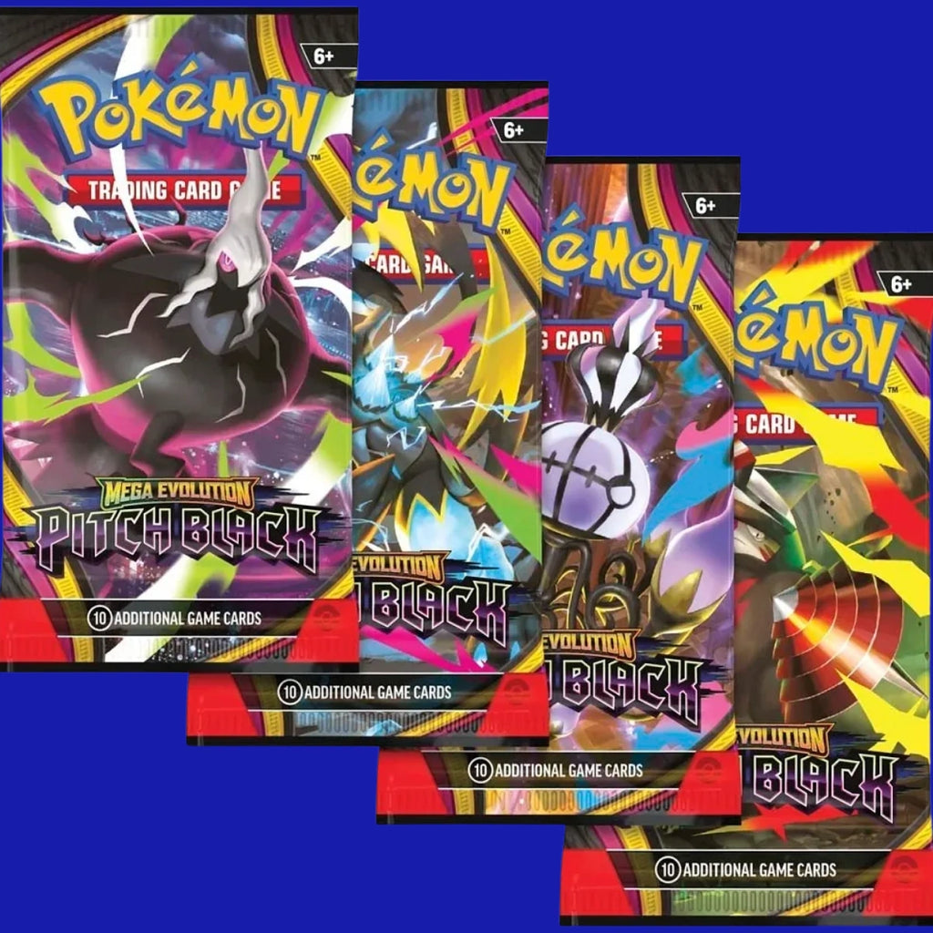 Booster packs from the Pokémon TCG Mega Evolution—Pitch Black expansion.