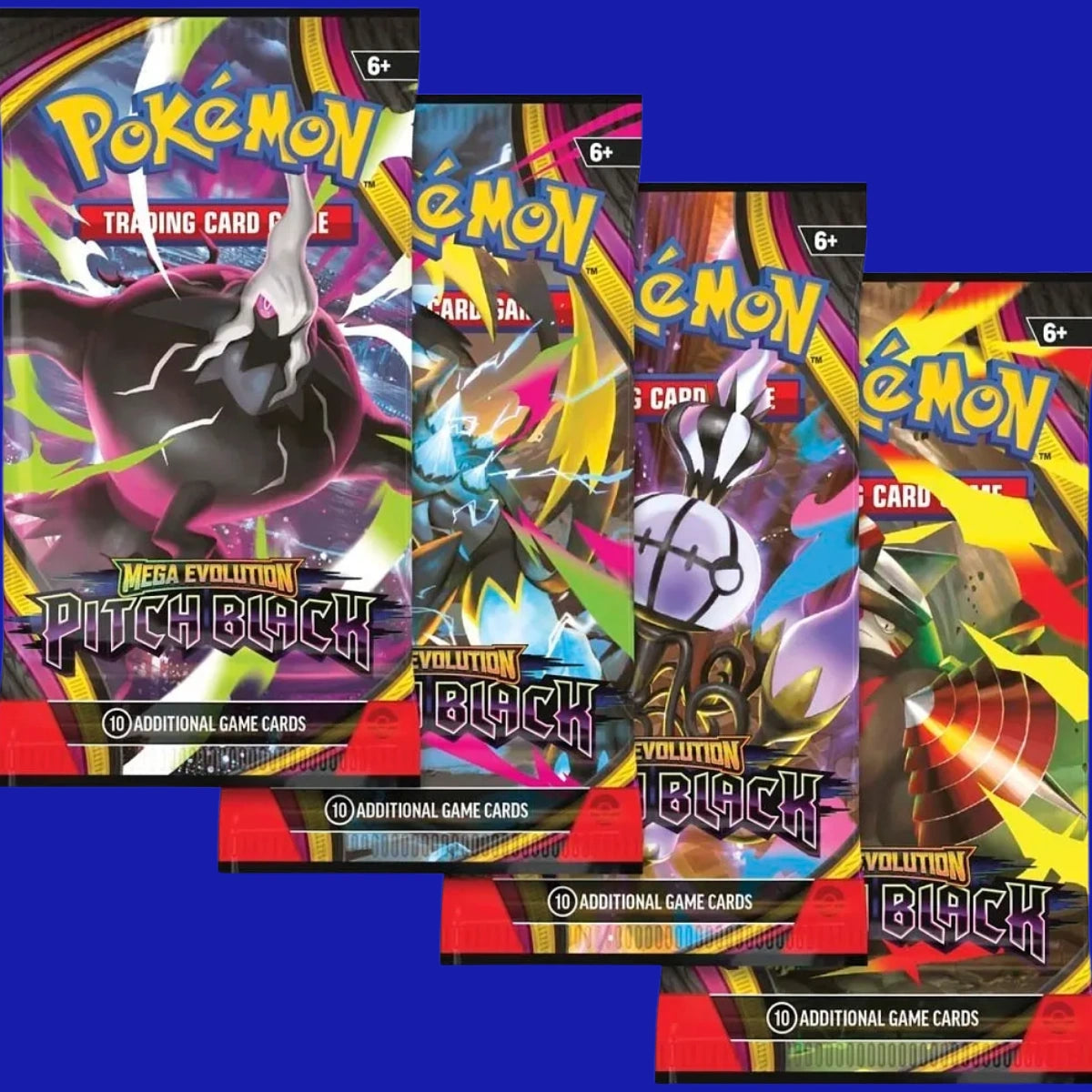 Booster packs from the Pokémon TCG Mega Evolution—Pitch Black expansion.
