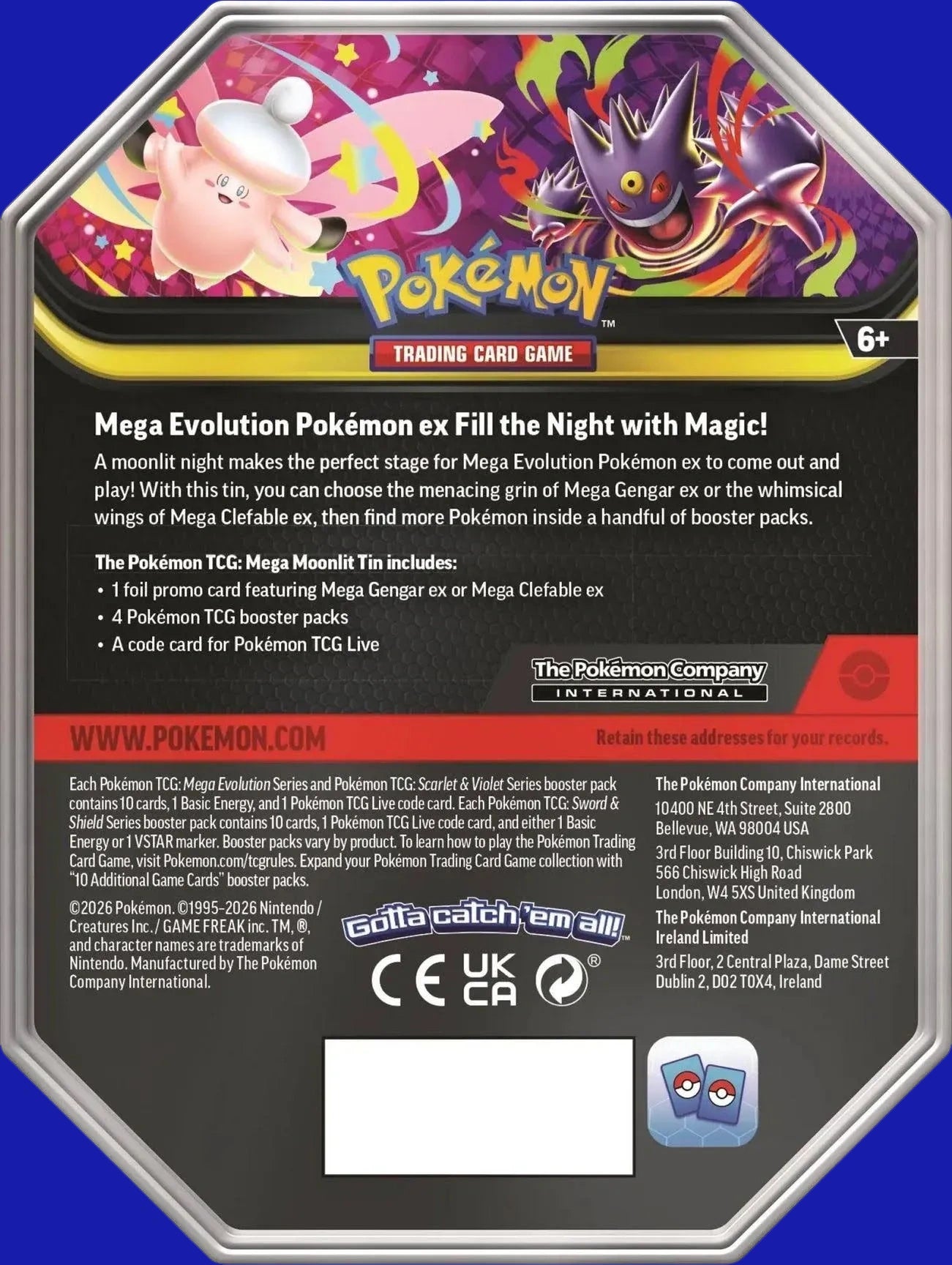 Back of the Pokémon TCG Mega Moonlit Tin showing product contents and included items