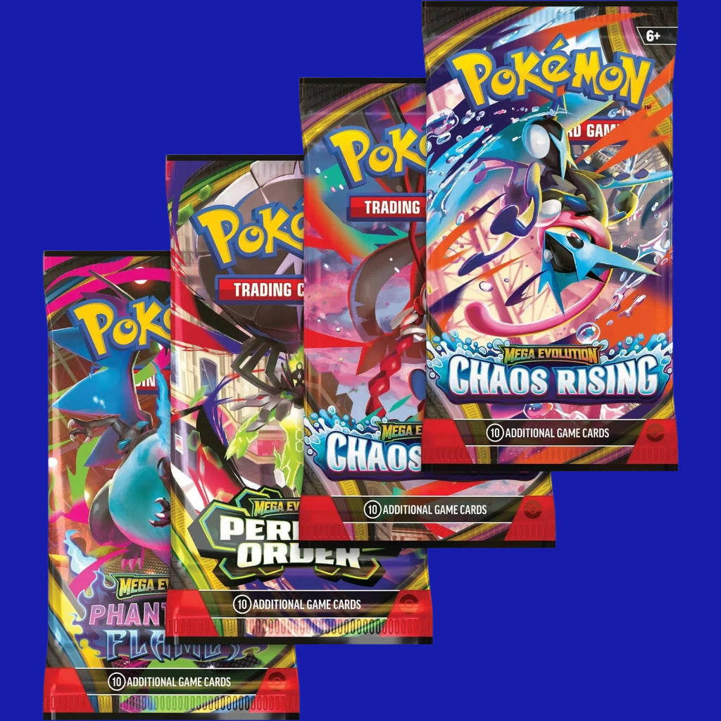 Pokémon TCG Mega Moonlit Tin contents showing four booster packs from multiple Pokémon TCG expansions