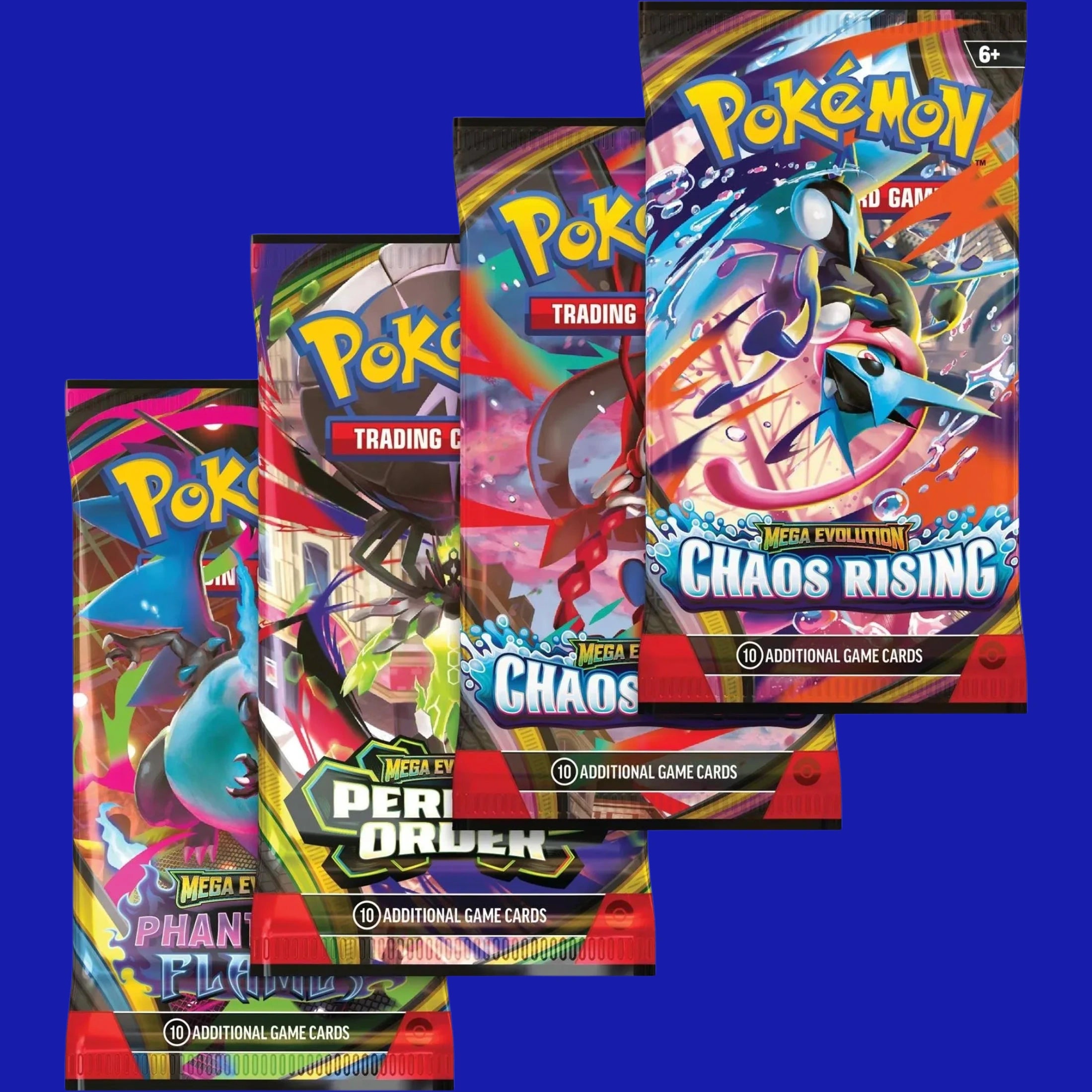 Pokémon TCG Mega Moonlit Tin contents showing four booster packs from multiple Pokémon TCG expansions
