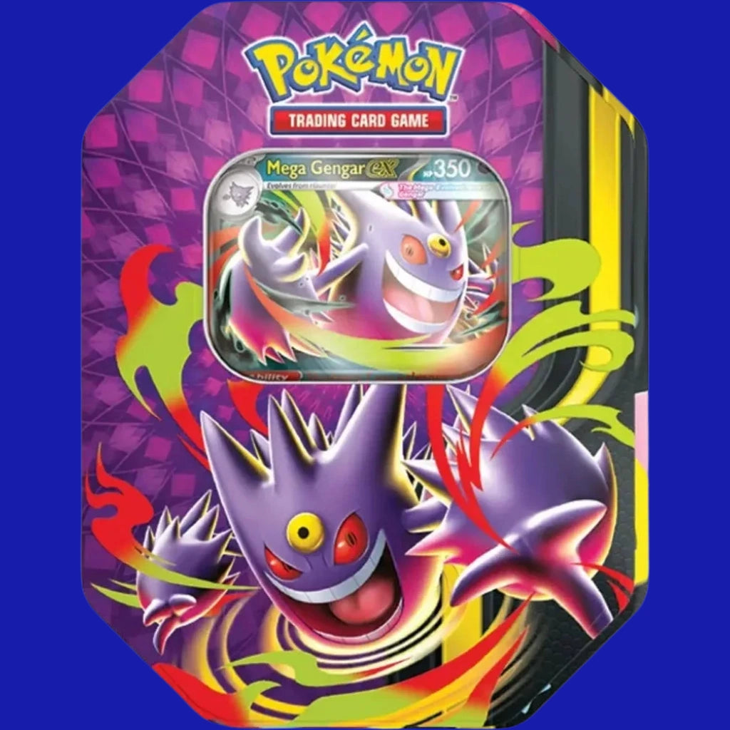 Pokémon TCG Mega Moonlit Tin featuring Mega Gengar ex artwork and foil promo card
