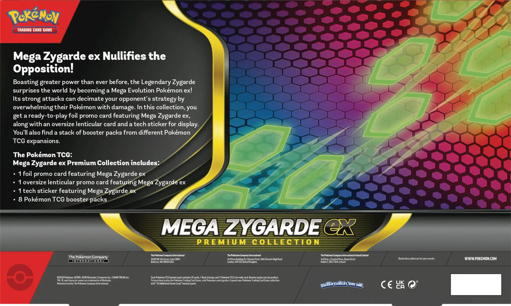 Back view of the Pokémon TCG Mega Zygarde ex Premium Collection showing product contents and included Mega Zygarde ex items