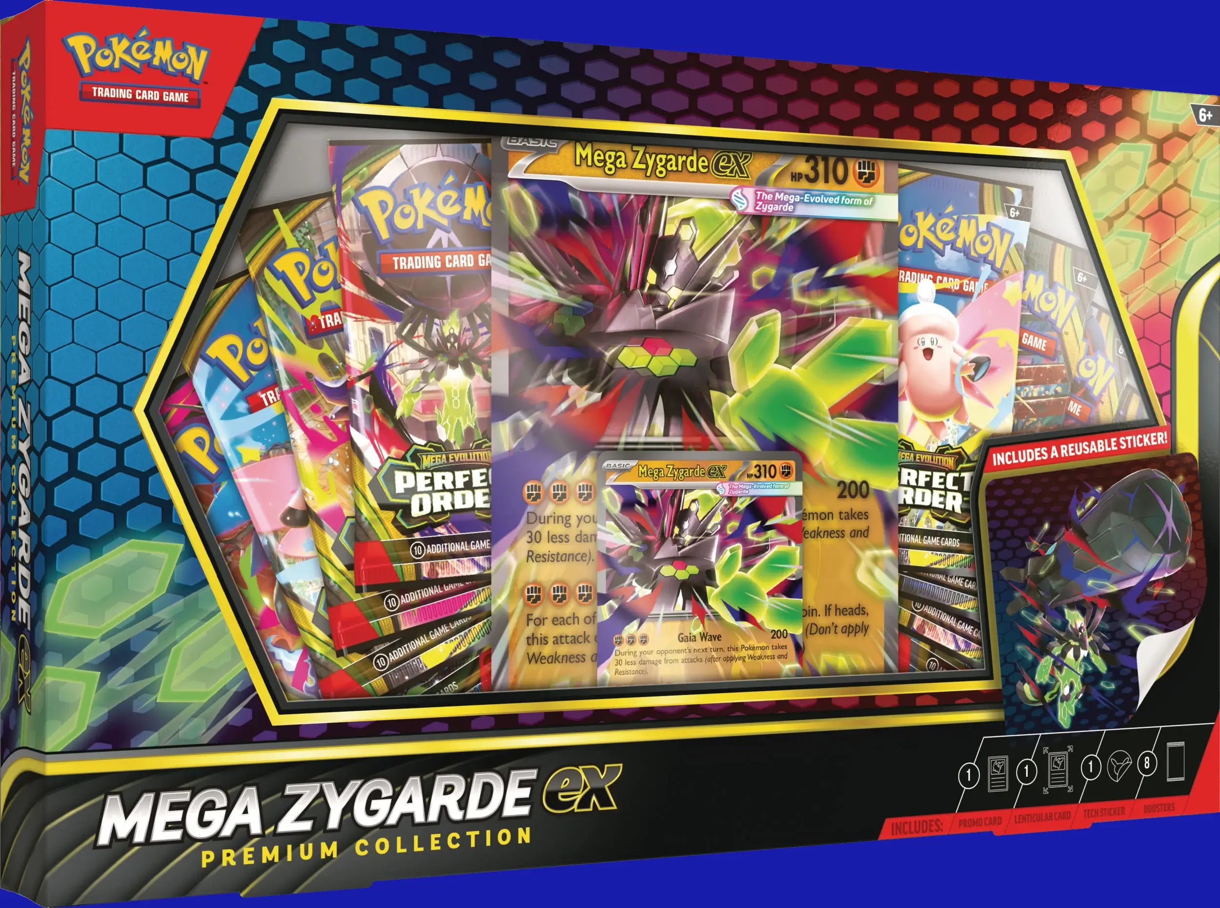 Front view of the Pokémon TCG Mega Zygarde ex Premium Collection featuring a Mega Zygarde ex promo card, oversized lenticular card, tech sticker, and 8 booster packs