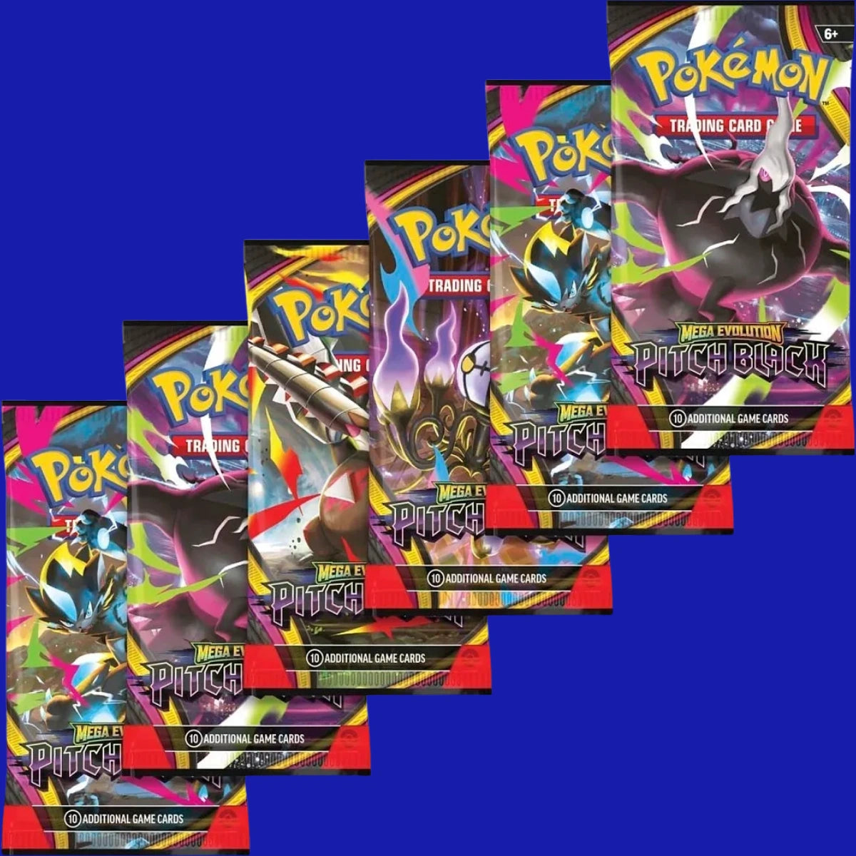 Pokémon TCG Pitch Black booster pack artwork featuring Mega Darkrai ex, Mega Zeraora ex, Mega Chandelure ex, Mega Excadrill ex, and Mega Iron Treads ex.